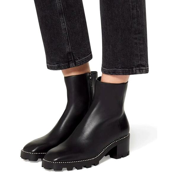 Jimmy Choo Mava Boots Crystal Trim Black Leather Ankle Block Heel Sz 38.5 / 8.5 - Picture 2 of 13
